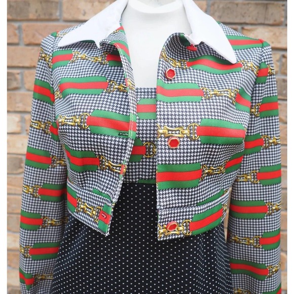 70s Jerell of Texas Black White Polka Dot Houndstooth Designer Bit Print Maxi - Picture 9 of 10